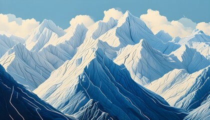 Wall Mural - Abstract mountain landscape in blue and white line textures for a striking poster background