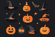 © AI_images_for_people - Flat Halloween icons featuring cute pumpkins, bats, and witches' hats, in a fun, clean style with bold colors and minimal shading.