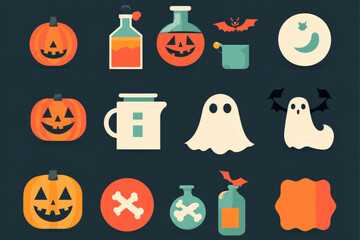 A collection of flat Halloween icons featuring potions, jack-o-lanterns, and ghosts in a playful, colorful style with minimal details.