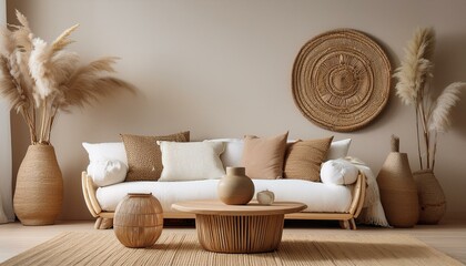  Natural-toned boho living room with a white sofa, brown pillows, and a wooden round coffee t