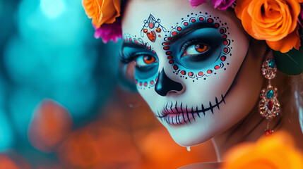 Canvas Print - A woman wearing sugar skull makeup for Dia de Los Muertos. 