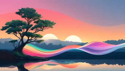 Poster - Vibrant Light Sculptures Creating Colorful Waves by a Lake with a Tree in the Background Landscape Illustration