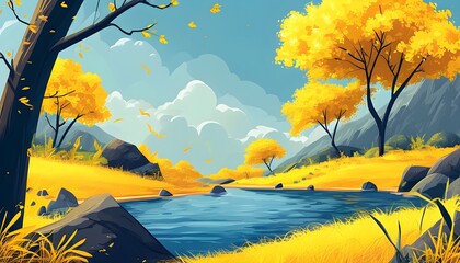 vibrant yellow natural landscape illustration for poster background