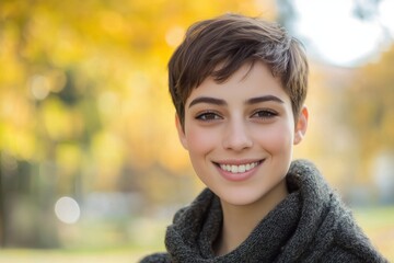 Wall Mural -  Backlit image of a Smiling charming young brunette posing at a beautiful park looking at the camera