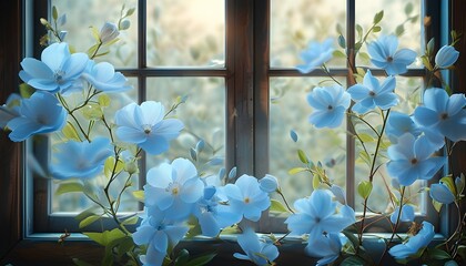 Wall Mural - light blue flowers gracefully displayed against a serene window backdrop