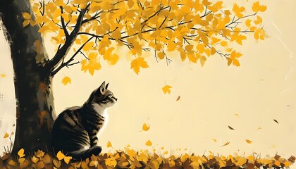 Cat gazing at vibrant yellow leaves beneath a tree in a whimsical illustrated poster setting