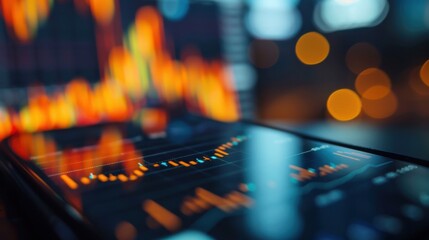 Poster - A close-up of a fluctuating candlestick chart on a smartphone screen, symbolizing real-time trading and investments