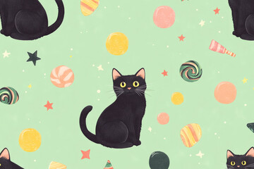 A seamless Halloween pattern with adorable black cats, colorful candy, and tiny stars floating on a soft pastel green background.