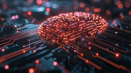 Poster - A digital brain with circuit lines representing artificial intelligence in cybersecurity defense systems