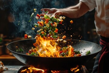 Wall Mural - Closeup of chef throwing vegetable mix from wok pan in fire. Fresh asian food preparation on dark background , ai