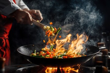 Closeup of chef throwing vegetable mix from wok pan in fire. Fresh asian food preparation on dark background , ai