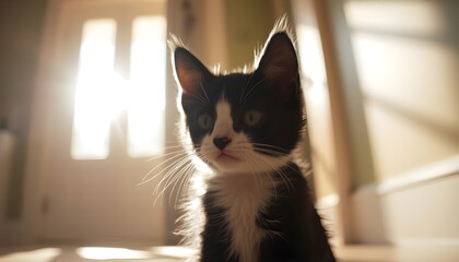 Wall Mural - A serene black and white kitten, bathed in warm, soft natural light that pours in through the doorway, casting a gentle glow on the space.