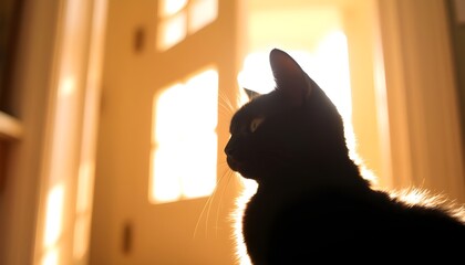 Wall Mural - A serene black kitten, bathed in warm, soft natural light that pours in through the doorway, casting a gentle glow on the space.