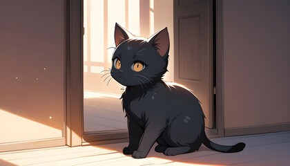 Wall Mural - A serene black kitten, bathed in warm, soft natural light that pours in through the doorway, casting a gentle glow on the space, illustration.