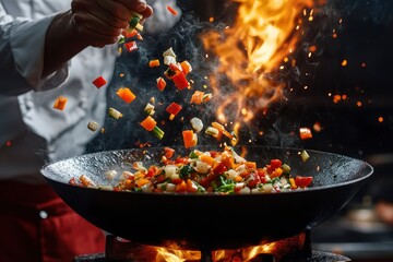 Wall Mural - Closeup of chef throwing vegetable mix from wok pan in fire. Fresh asian food preparation on dark background , ai