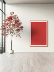 Canvas Print - Minimalist interior with a red frame and a potted tree.