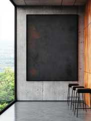 Poster - Empty room with black bar stools and a large dark canvas.