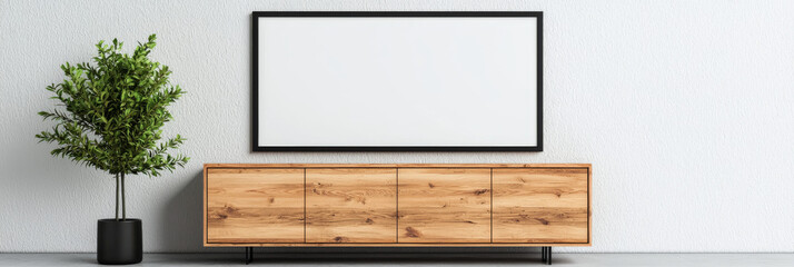 A blank framed canvas hangs above a wooden cabinet with a plant in a black pot.