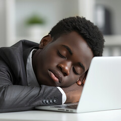 A young individual dressed in formal attire rests their head on their laptop, appearing tired during a work session in a bright, modern office environment.