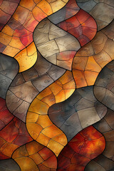 Poster - This artwork features an intricate arrangement of curved tiles in shades of orange, red, and gray, displaying a captivating texture that draws the eye with its flowing patterns.