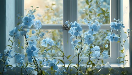 Wall Mural - light blue flowers gracefully displayed against a serene window backdrop