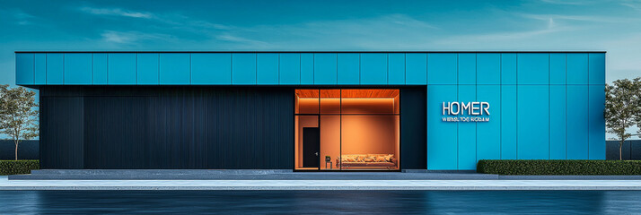 Wall Mural - Modern storefront with a blue facade.