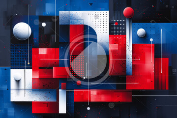 Fototapete - An abstract composition showcases varying geometric forms in red, white, and blue, with intricate patterns and textures interplaying across a dark background, creating a dynamic visual experience.
