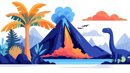 Mesozoic volcanic eruption flat design side view impacting dinosaur evolution, disaster theme, animation, colored pastel