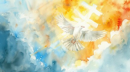 Watercolor Painting of a White Dove in Flight Against a Colorful Background