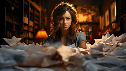 Poster - Paperwork, woman working in office with papers and documents, sewing up at work, stress and career