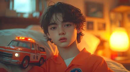 Boy in bedroom with toy fire truck and lamp.