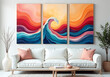 © hd pics - Abstract Art, a colorful, hand-made abstract triptych painting of swirling waves and curved minimalistic shapes, displayed on a wall with a minimalistic background, close-up view of the three-panel ca