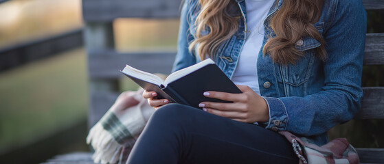 Woman reading a book while sitting outdoors on a bench. Ideal for illustrating relaxation, leisure, and study concepts.