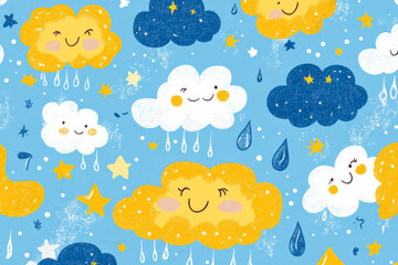 Wall Mural - A playful doodle pattern with smiling clouds, raindrops, and stars in bright blues and yellows, perfect for childrenâ€™s fabric or wallpaper.