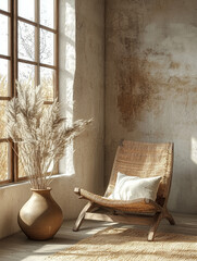 Poster - A cozy corner with a wicker chair and pampas grass.