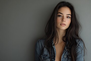 A woman in a denim jacket looks at the camera. This image is perfect for use in fashion and beauty magazines.