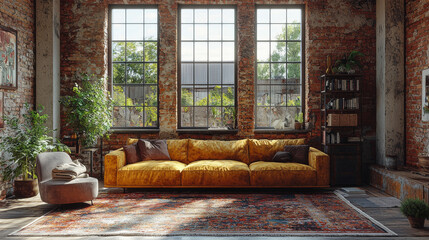 Poster - A large yellow sofa sits in the middle of a spacious living room with large windows and exposed brick walls.