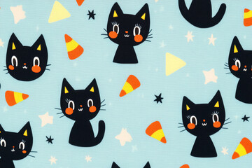 A playful Halloween pattern with adorable black cats, candy corn, and cute stars scattered across a pastel blue background for a light-hearted look.