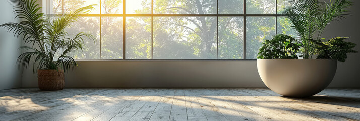 Poster - Minimalist room with large windows and potted plants.