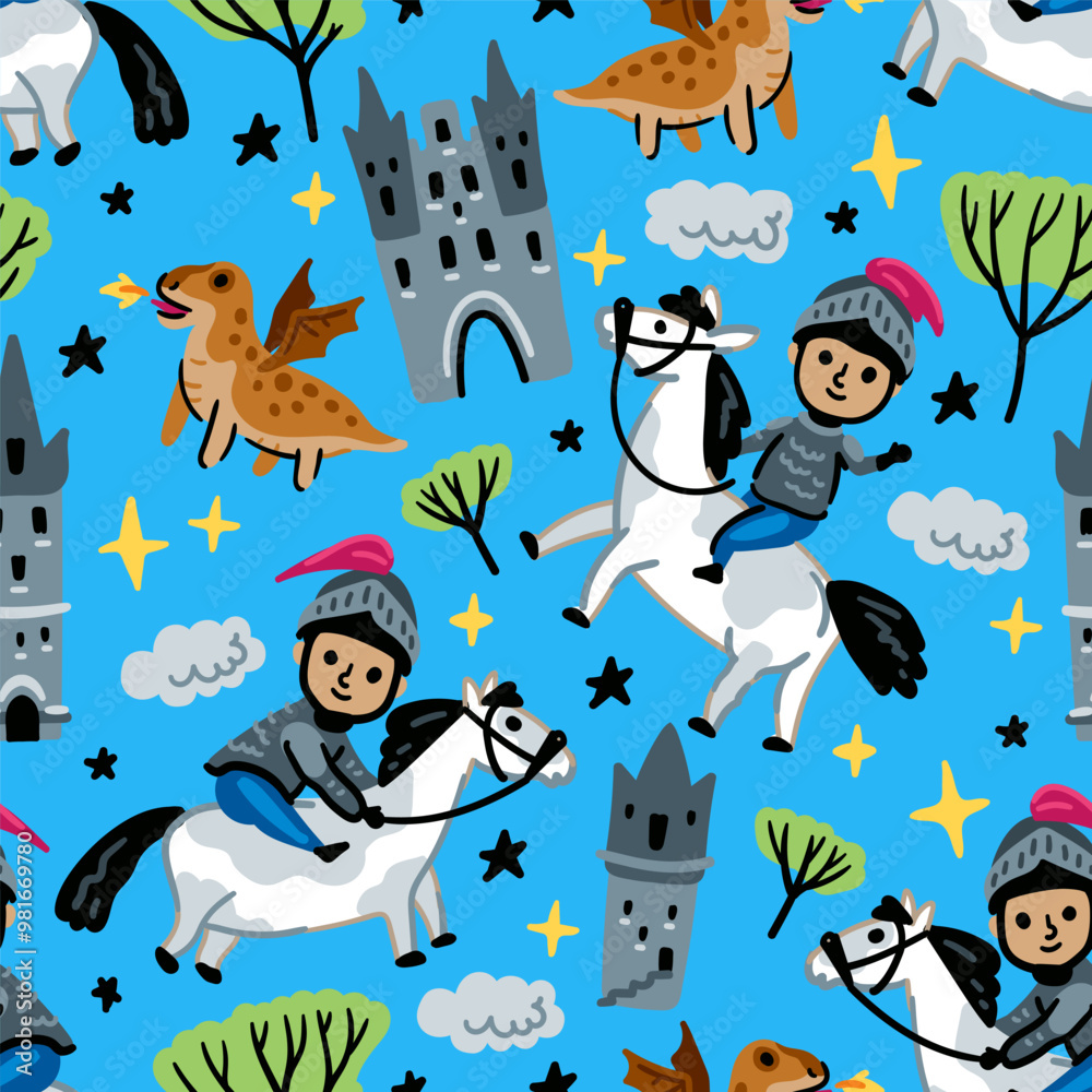 Bright children seamless vector pattern of fairy tale characters ...