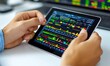 © piai - Person Browsing Financial News Articles on a Digital Tablet Surrounded by Stock Market Data