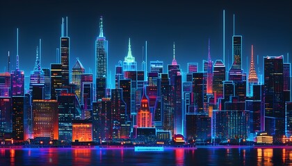 Holographic blueprint of a minimalist cityscape with intricate neon blue patterns illuminating iconic landmarks on a pitch-black backdrop