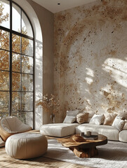 Wall Mural - A modern living room with a large window and a white sectional sofa.