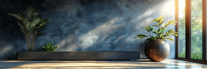 Poster - A minimalist living space with a concrete wall, a long planter, and a round pot by a large window.