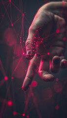 Poster - A close-up of a hand gently touching a glowing point, creating dynamic connections in a dark environment, illuminating the interaction of technology and human touch.