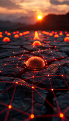 Poster - A series of luminous spheres are positioned on a rugged surface as the sun sets in the background