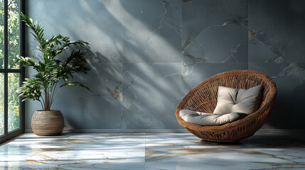 Wall Mural - A wicker chair with a white cushion sits in a modern living room with a large window and a houseplant.