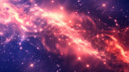 A vibrant nebula with glowing red and pink light.