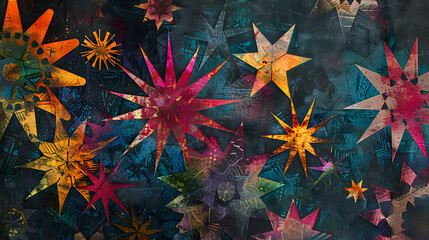 Abstract art featuring colorful stars on a dark background.