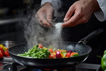 Cooking fresh vegetables. The chef adds salt to a steaming hot pan. Grande cuisine idea for a hotel with advertising space , ai